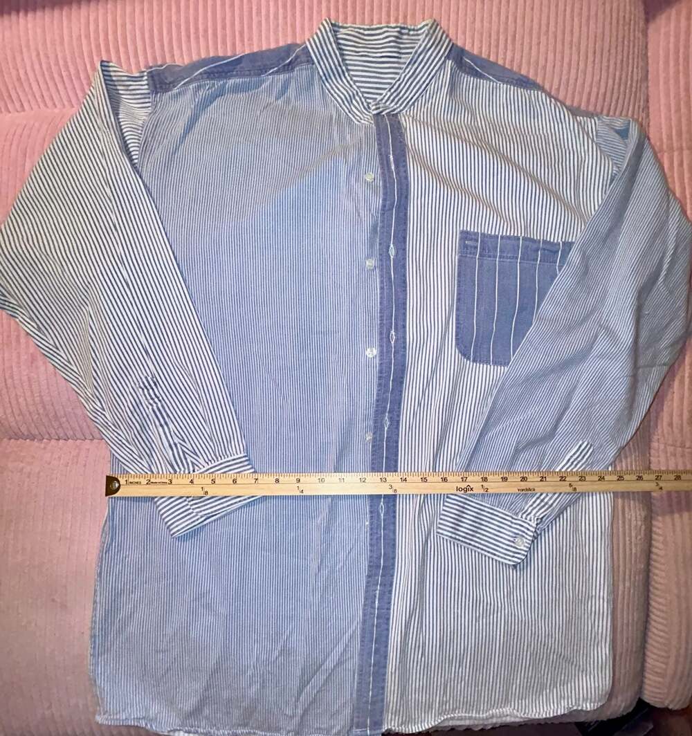 Oversized Patchwork Striped Chambray Denim Button-Up Shirt 💙